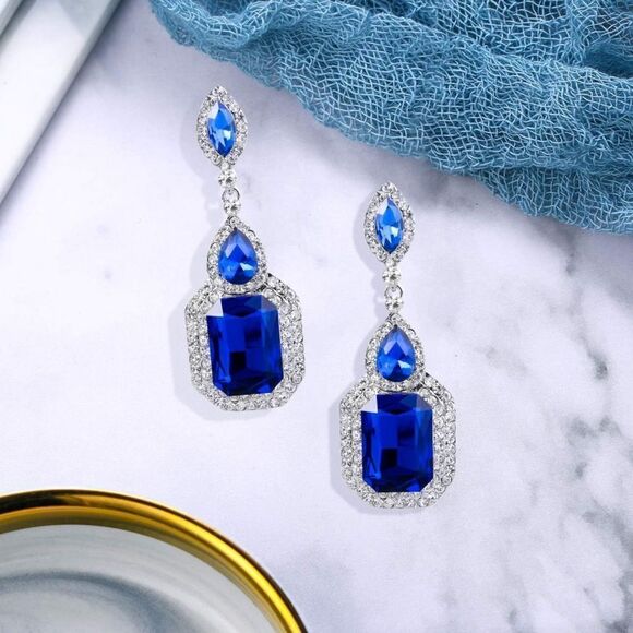 Silver with Blue Sapphire Austrian Crystal Infinity Chandelier Post Earrings - Picture 2 of 5